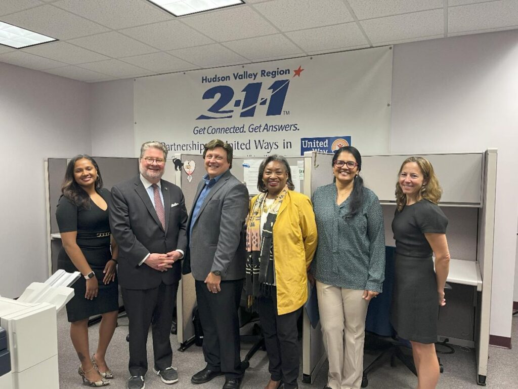 From left to From left to right: Cassandra Rajcumar, 211 Director of Programs and Services; State Senator Peter Harckham, UWWP President and CEO Tom Gabriel, NYS Senate Majority Leader Andrea Stewart Cousins, United Way's Chief Information and Referral Officer Lini Jacob, and Rachel Estroff, Chief of Staff for State Senator Shelley Mayer.